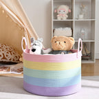 67L Large Rainbow Blanket Basket, Cotton Rope Baby Laundry Hamper with Handles, Kids Toy Basket for Classroom & Nursery, Soft Round Stuffed Animal Storage, Dog Toy Bin - 20"x13", Light Rainbow