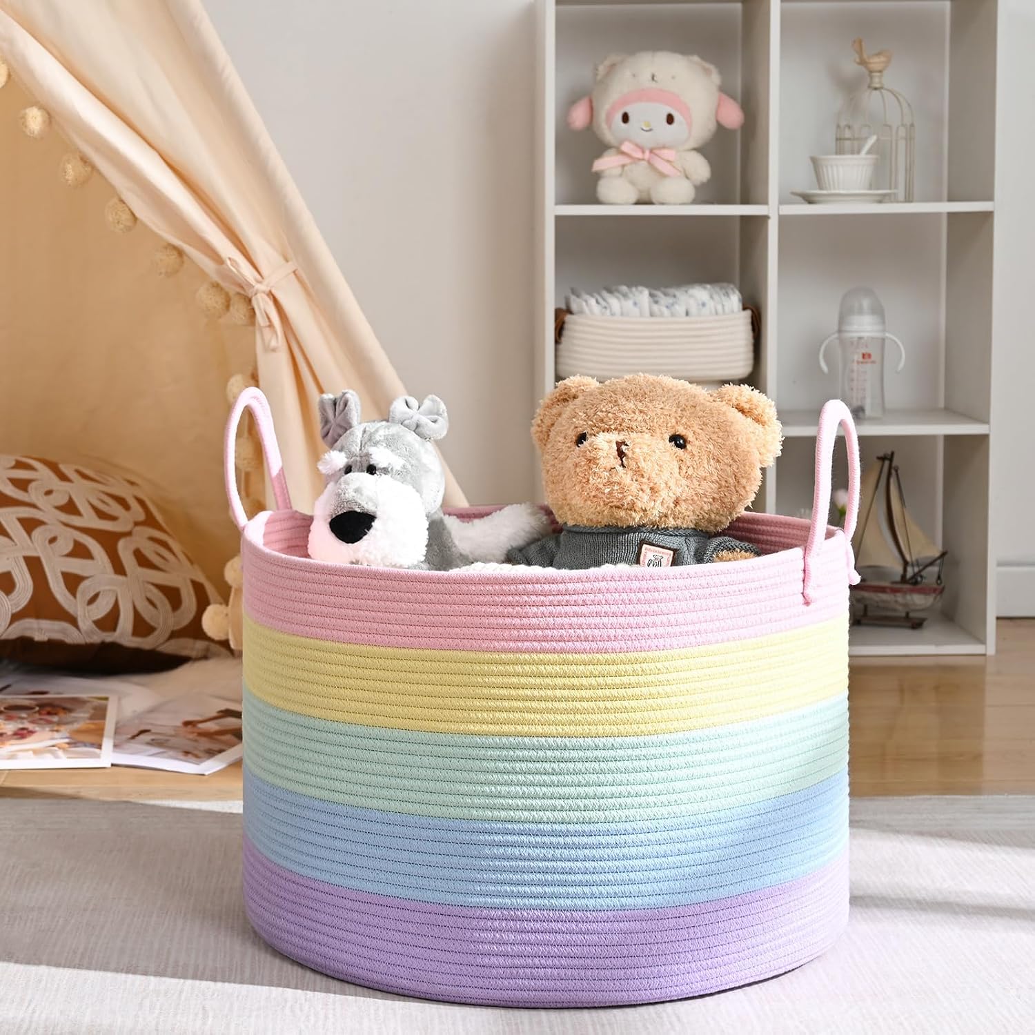 67L Large Rainbow Blanket Basket, Cotton Rope Baby Laundry Hamper with Handles, Kids Toy Basket for Classroom & Nursery, Soft Round Stuffed Animal Storage, Dog Toy Bin - 20"x13", Light Rainbow