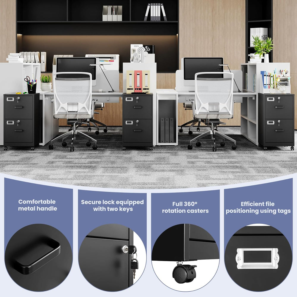2-Drawer Rolling File Cabinet with Lock, Mobile Vertical File Cabinet for Han...