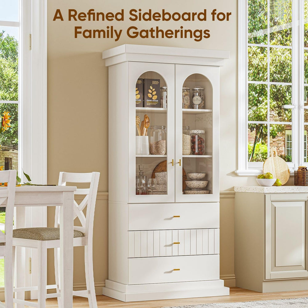 Vyre 71" Arched Kitchen Cabinet with Glass Doors, Tall Display and Stora...