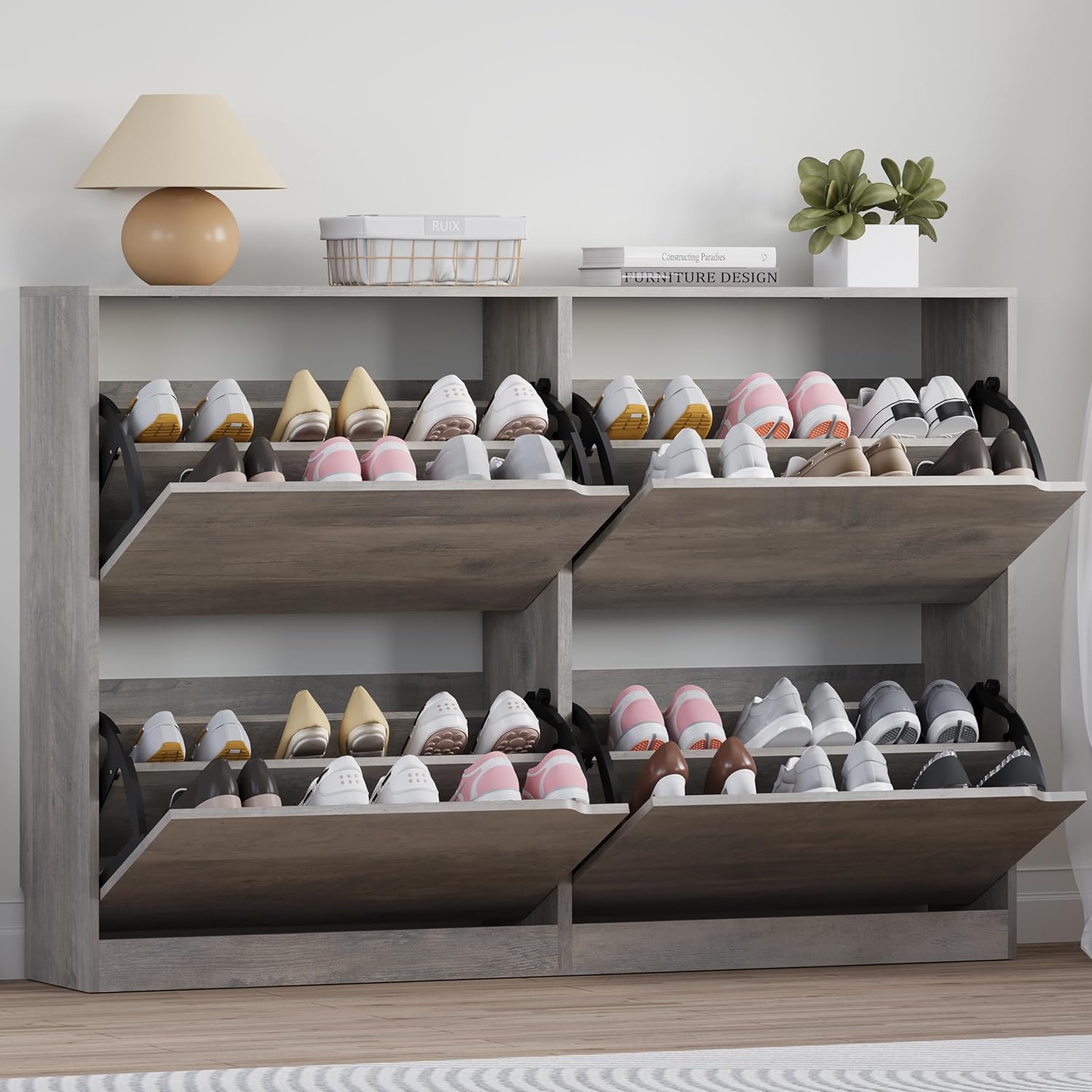 Shoe Cabinet with 4 Flip Drawers, Narrow Hidden Shoe Storage Cabinet, Slim Freestanding Shoe Rack Organizer for Entryway, Hallway, Bedroom, Living Room