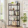 5 Tier Industrial Bookshelf, Rustic Etagere Bookcase for Display, Vintage Shelving Unit Wood and Metal Tall Book Shelves for Home Office (Dark Walnut)