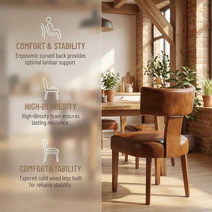 HNY Century Modern Dining Chairs Set of 6, Farmhouse PU Leather Upholstered Accent Chair Curved Backrest Kitchen Chairs, with Hardwood Frame, Brown 6PC
