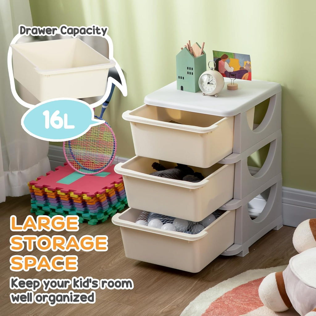 Qaba 3 Tier Kids Storage Unit, 3 Drawer Chest Toy Organizer Plastic Bins for Kids Bedroom Nursery Kindergarten Living Room for Boys Girls Toddlers, Cream White