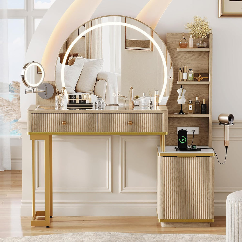 iPormis Makeup Vanity Desk with Round Mirror and Lights, Glass Top Vanity Tab...