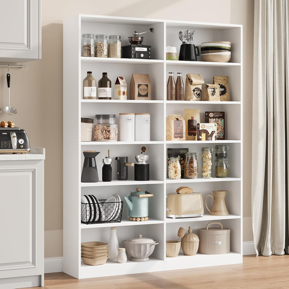 FACBOTALL Bookshelf Tall Bookcase, 6-Tier Double Wide Bookshelves, White