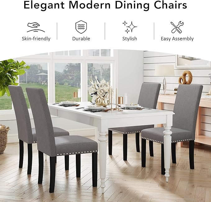 LSSPAID Dining Chairs Set of 4, Fabric Upholstered Dining Room Parson Chair with Nailhead Trim and Solid Wood Legs for Home and Kitchen, Gray
