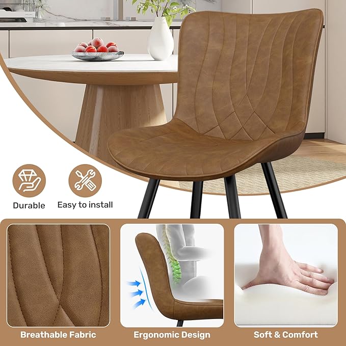 Dining Chair Set of 6 PU Leather Dining Room Chairs Upholstered Comfy Dining Chairs Modern Kitchen Armless Side Chair with Sturdy Metal Legs,Brown