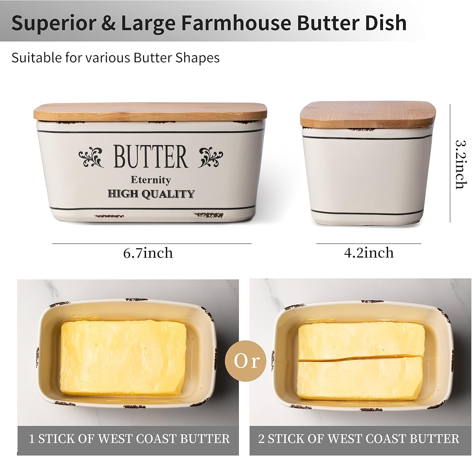 Hasense Farmhouse Butter Dish with Lid for Countertop, Vintage Butter Keeper Holder, Large Container for Fridge with Freshness Seal, Enhance Kitchen Decor, Holds Two Sticks of Butter, White