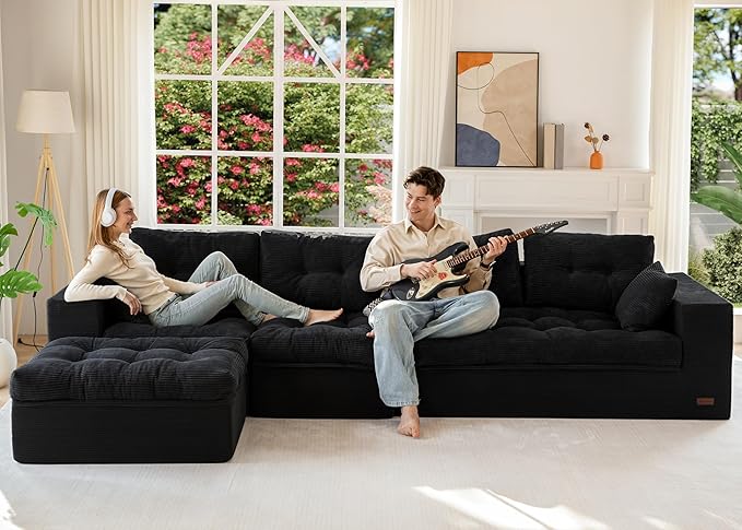 MAXYOYO 132" L Shaped Modular Sectional Sofa with Ottoman, Cloud Boneless Couch with Layered Cushion, Upholstered Sofa in a Box, Flexible Module Combination for Living Room, No Assembly, Black