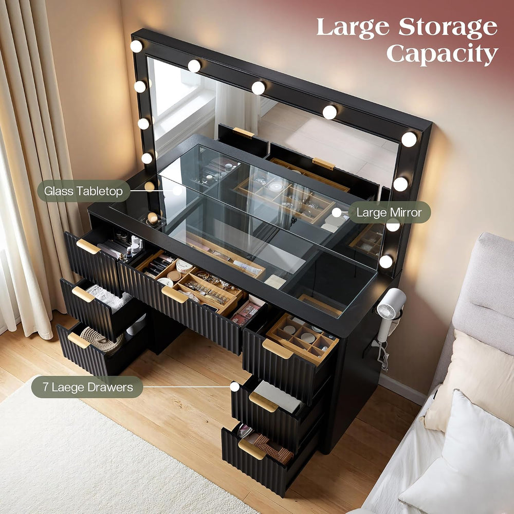 LUXOAK 47" Makeup Vanity Desk with Large Mirror & LED Lights, Black ...