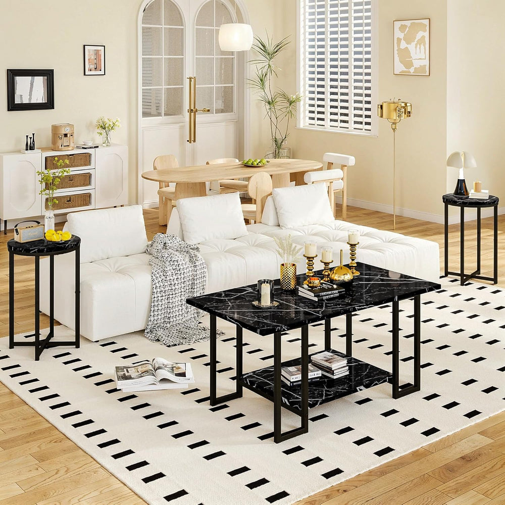 Lamerge 3 Pieces Living Room Table Set, Faux Marble Coffee Table with 2 Round...