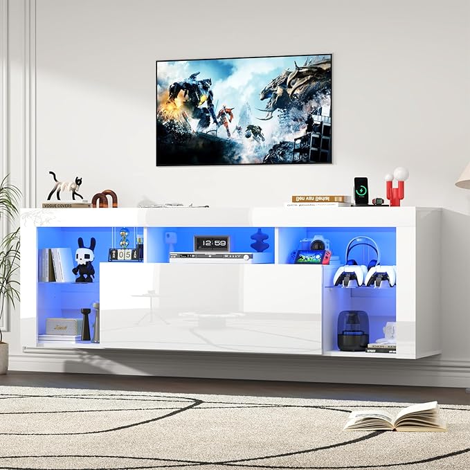 71" Floating High Gloss LED TV Stand for up to 85" TVs, Wall-Mounte...