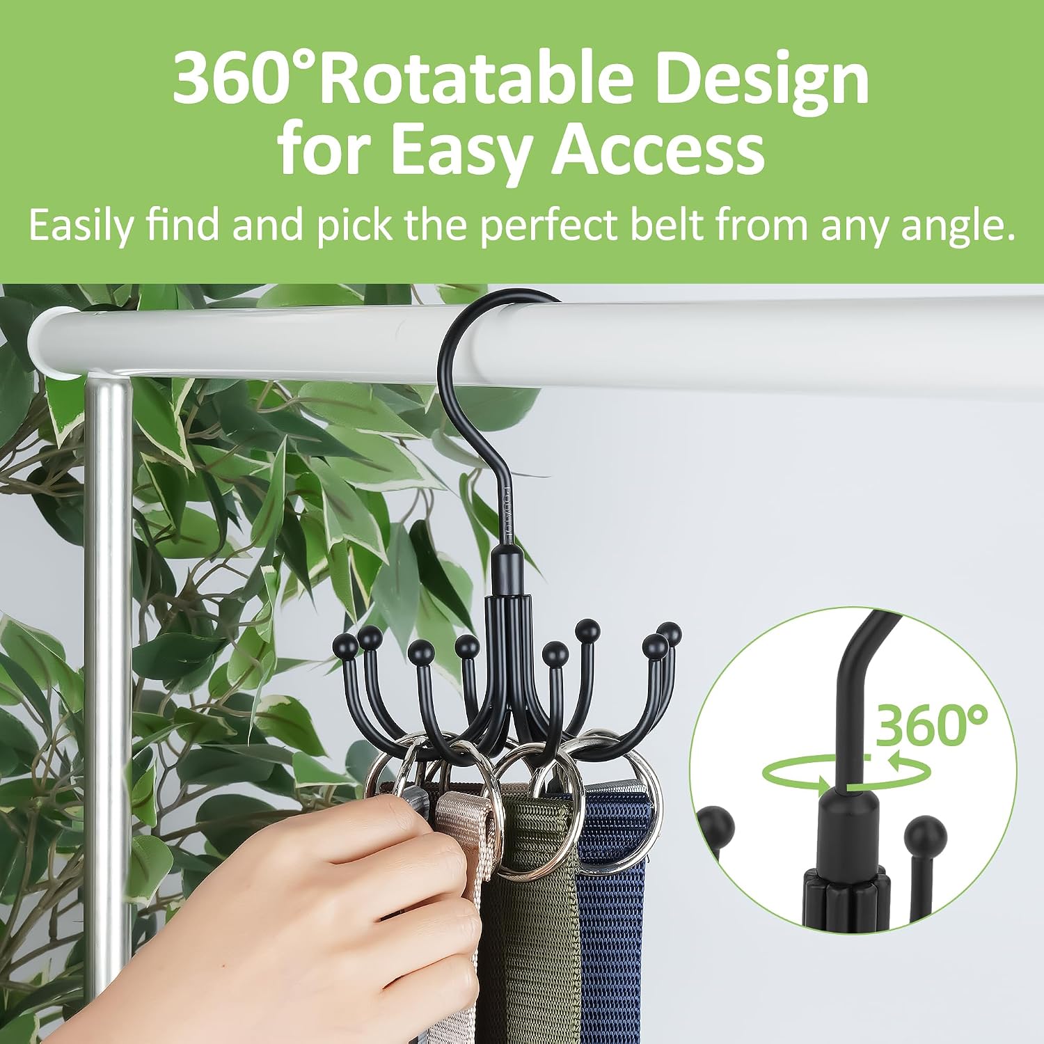 Belt Hanger, Rotatable Belt Organizer Rack for Closet Sturdy Max 24 Belts Storage with 8 Hooks, Hanging Space Saving Closet Organizers for Belts Holder, Black