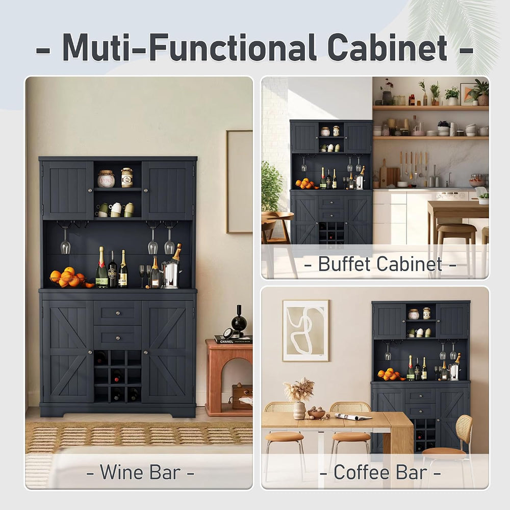 Farmhouse Kitchen Buffet Cabinet with Storage, Dark Blue Food Pantry Organize...