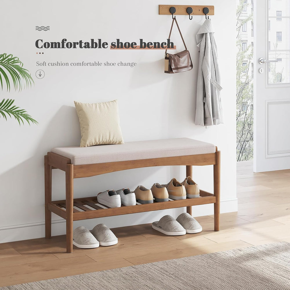 STDDRE Shoe Bench Entryway Bamboo 2-Tier Shoe Rack with Cushion Padded Seat S...