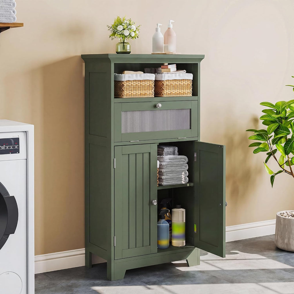 ChooChoo Bathroom Cabinet with Flip Glass Drawer,Freestanding | Adjustable Shelf & 1 Open Storage, Living Room, Hallway, Green