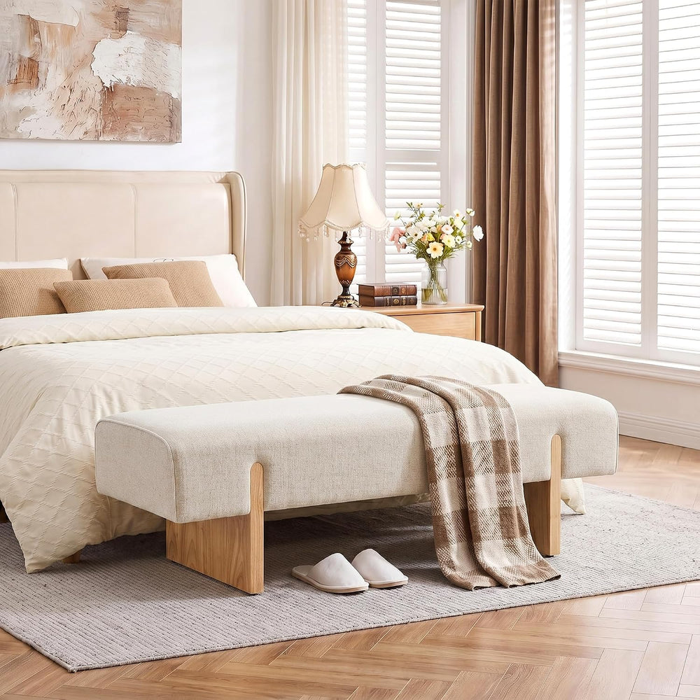 Zesthouse Solid Wood Bench for Bedroom, 55'' Upholstered Linen Fabric...