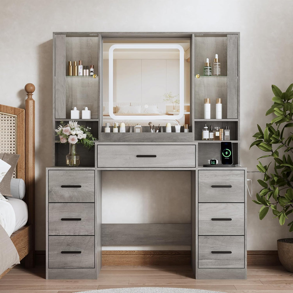 BORNOON Vanity Desk with Mirror and Lights, Makeup Vanity with 7 Drawers, 2 G...