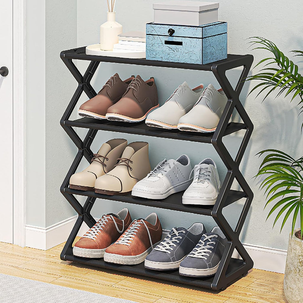 4 Tier Foldable Shoe Rack, Standing Shoe Storage Organizer with No Tool Assembly for Hallway Entryway Bedroom (Black)