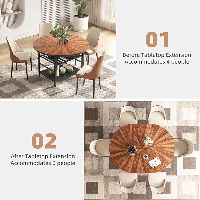 VFK 47.2"-63" Extendable Round Dining Table Set for 4–6, Solid Wood & Metal Table with Wine Rack Storage Shelf, Walnut Kitchen Furniture with 6 Upholstered Chairs (Storage Table and 6 Brown Chairs)