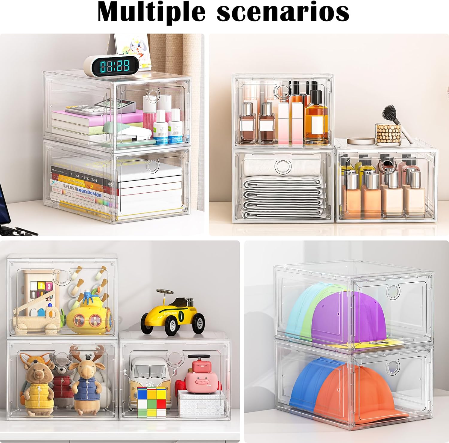 6 Pack Upgrade Harder Shoe Organizer, Shoe Storage with Magnetic Front Door, Clear Shoe Boxes Foldable Space-Saving Shoe Rack for Sneaker Boot Container, White