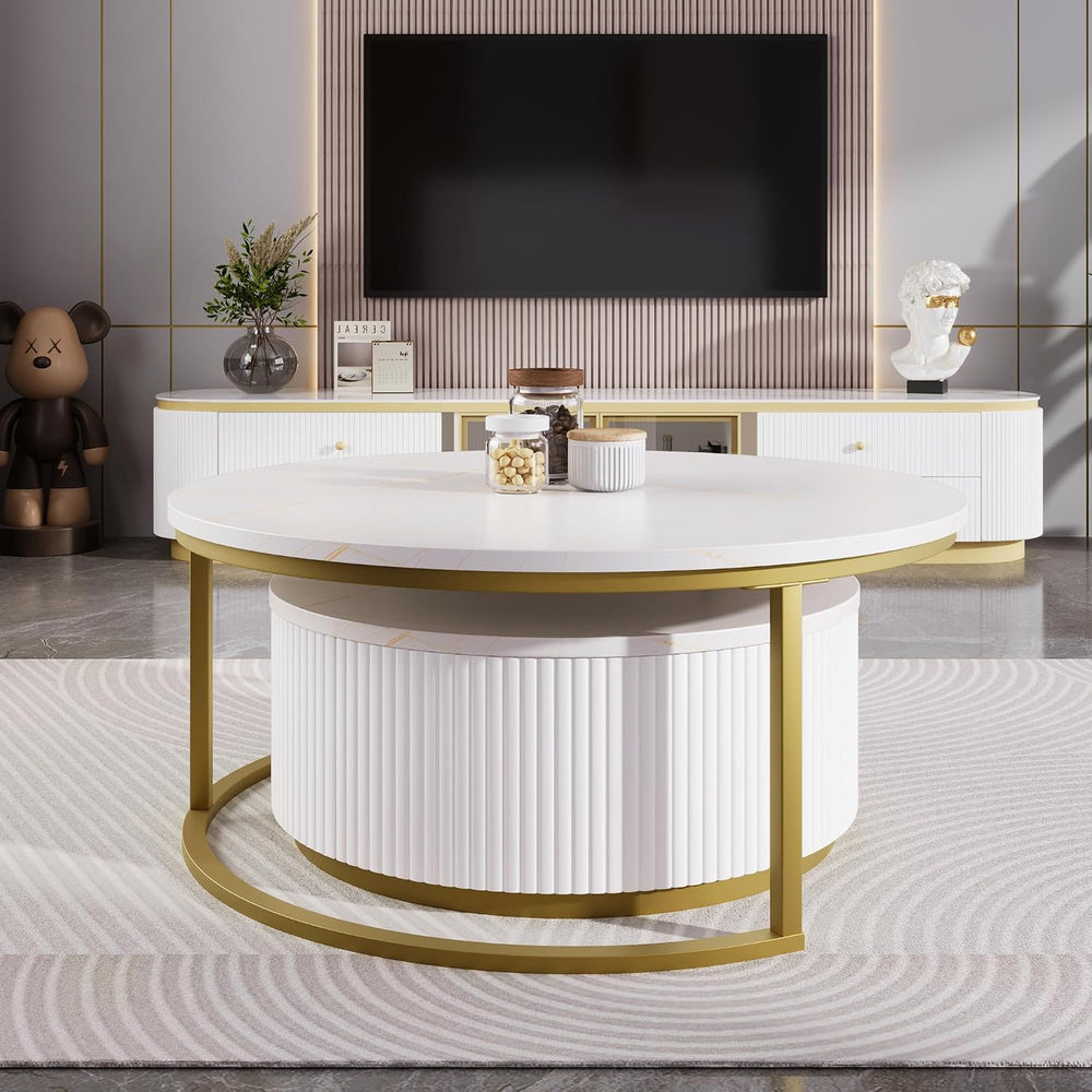 Nesting Coffee Table Set of 2, Round Coffee Table with Drawer for Living Room...