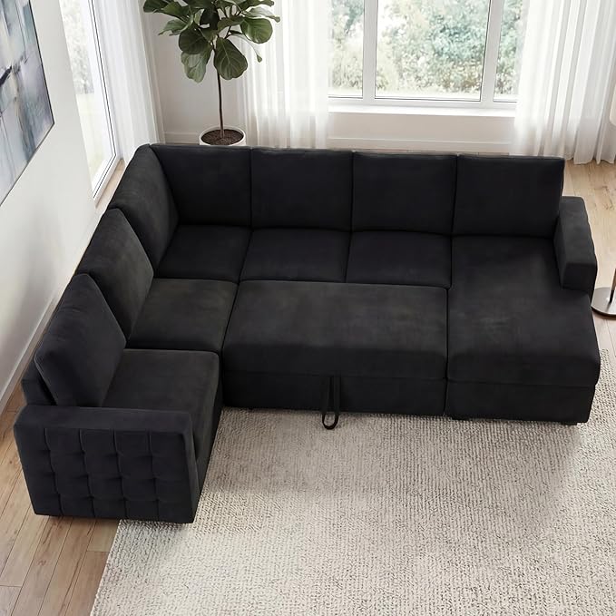 HONBAY Sectional Sleeper Sofa with Pull-Out Bed Storage Chaise, 6 Seater Couch for Living Room, Black