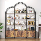 Triple Wide 5 Tier Tall Arched Bookshelf and Bookcase with 3 Cabinets, Industrial Metal Etagere Open Bookshelf, Rustic Wood Standing Book Shelf with Black Metal Frame for Bedroom Living Room