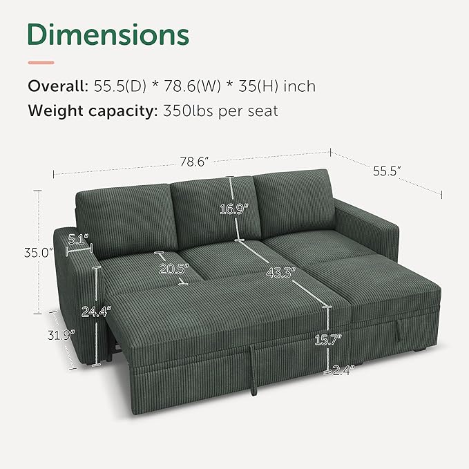 HONBAY Modular Sectional Sleeper Sofa with Pull Out Bed, L Shaped Sofa with Storage, Modular Sectional Couches for Living Room, Green