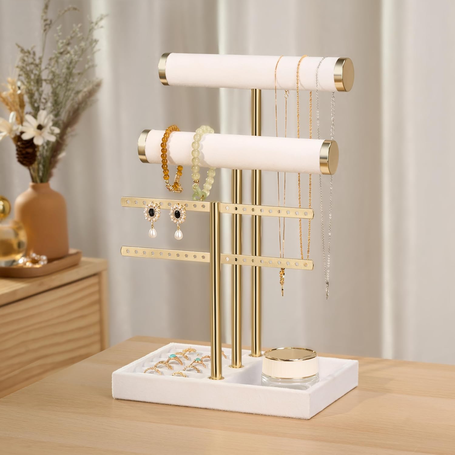 3 Tier Bracelet Holder Display - Detachable T Bar White Velvet Bracelet Holder, Jewelry Holder Organizer for Bracelet, Necklace, Earrings, Rings