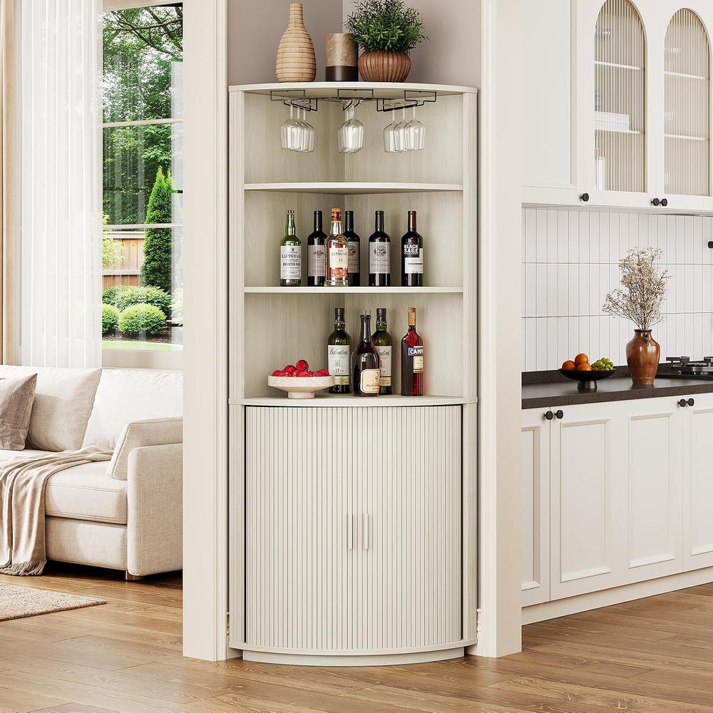 ONBRILL 72" Tall Corner Bar Cabinet with LED Light, Liquor Cabinets, White