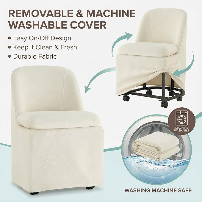 Upholstered Dining Chairs with Casters, Washable Cover Modern Dining Room Cha...