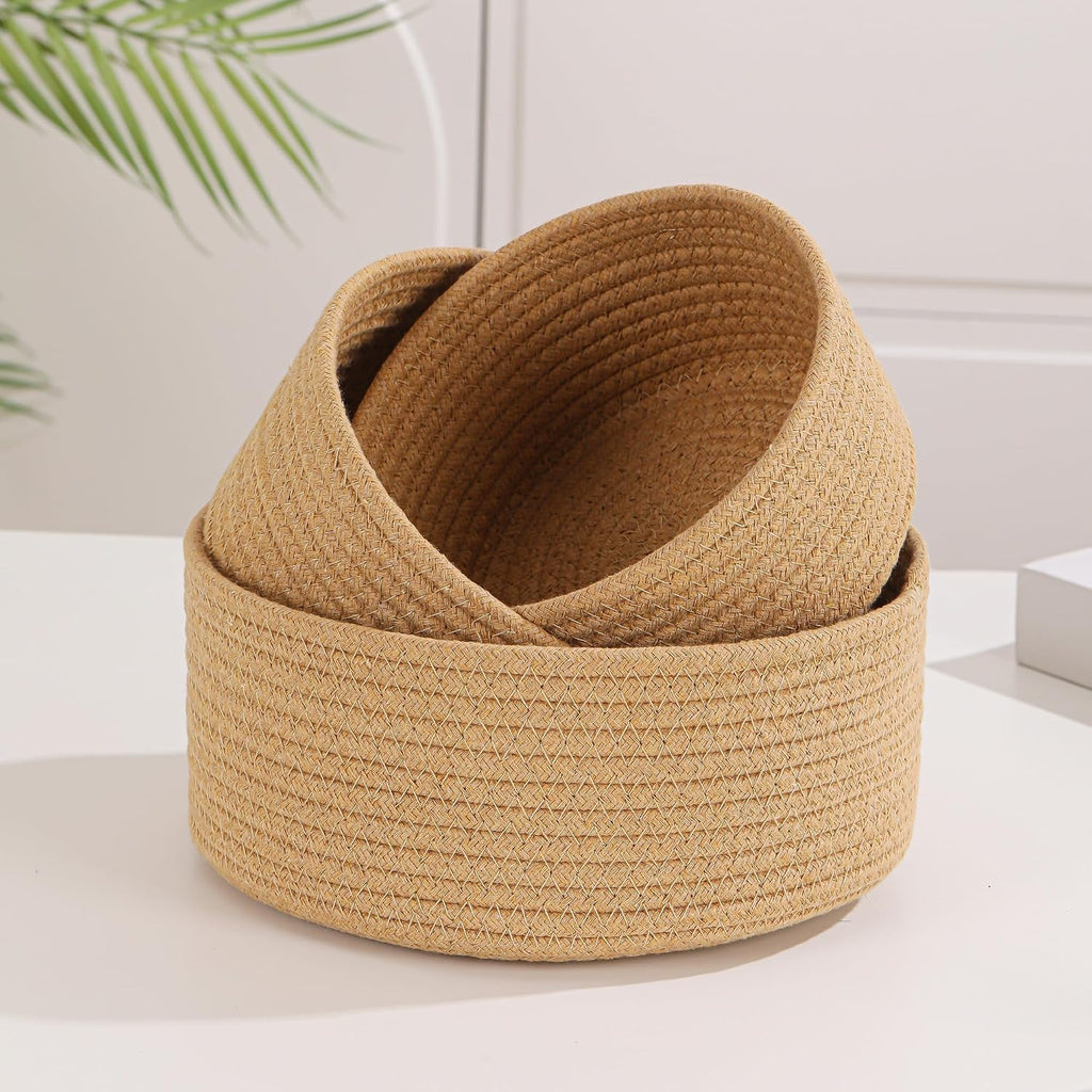 Small Basket Cotton Rope Woven Baskets for Organizing Cute Mini Tiny Baskets for Nursery Decorative Boho Round Storage Bathroom Organization Bin Open Storage Bins (Brown)