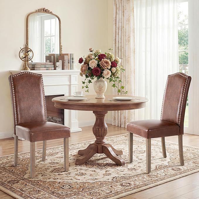 Upholstered Dining Chair Modern Stylish Parsons Kitchen Diner High Back with Silver Nailhead Trim & Wood Legs, Set of 2, PU Leather Dark Brown
