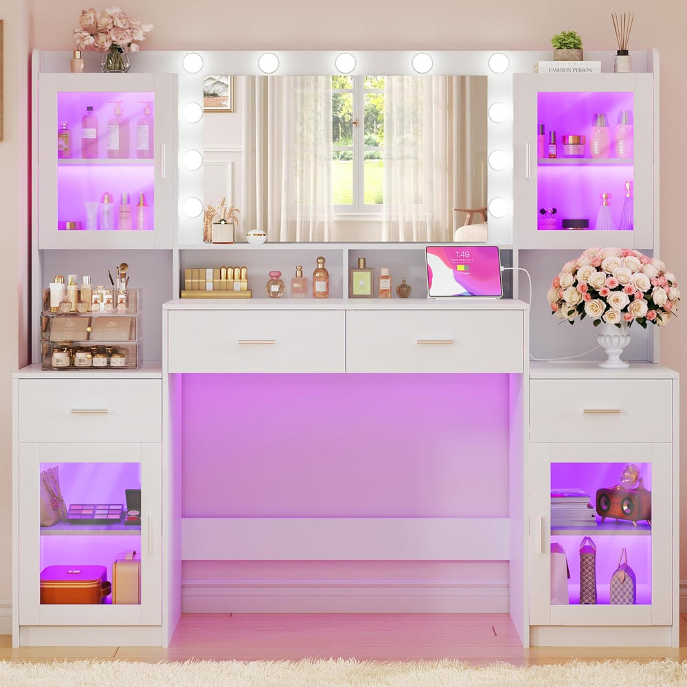 HUAHUU Large Vanity Desk with Mirror & Lights, 54.3'' Makeup Vani...