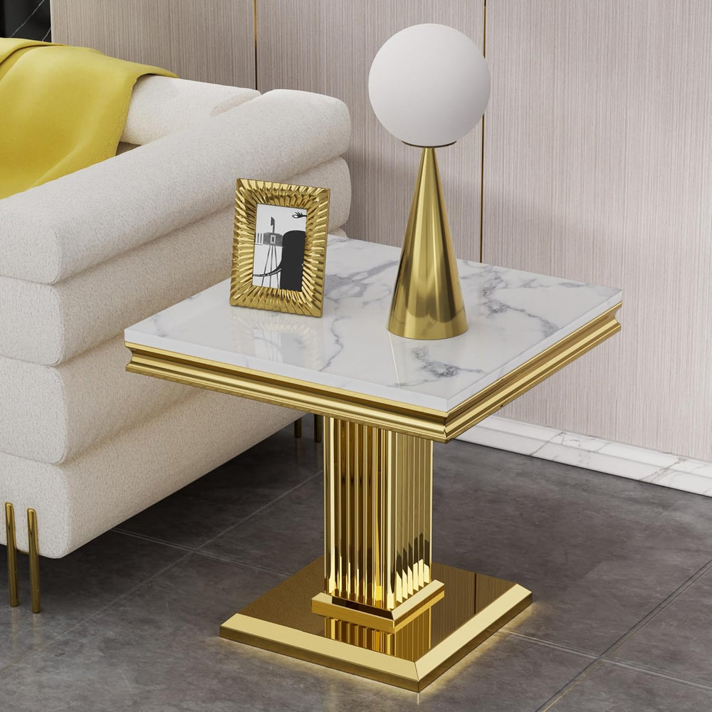 Henf 23in Square End Table Faux Marble End Table with Pillar Stainless Steel ...