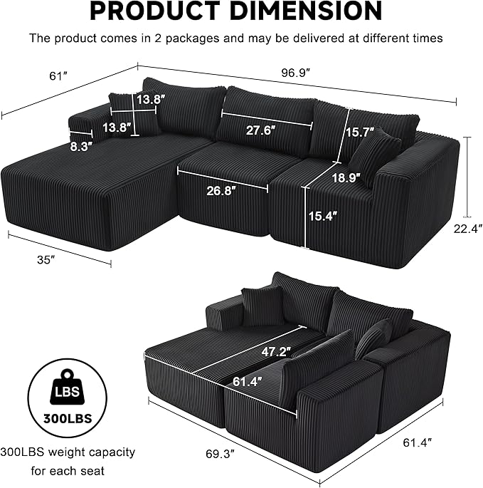 97" Modular Sectional Sofa, L-Shaped Boneless Couch with Deep Seat, Cozy Cloud Couch Sectional with Convertible Ottoman, Modern Sectional Couches for Living Room（ Black）