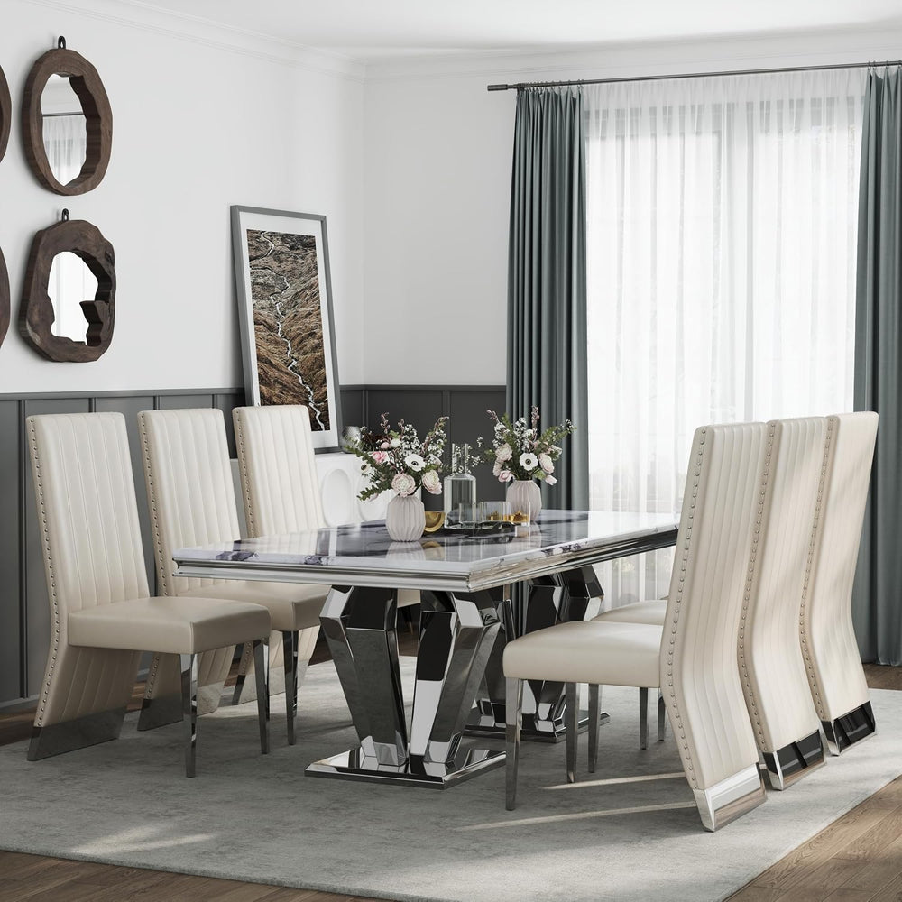 AUZ White Leather Dining Chairs Set of 6, White and Silver Upholstered Dining...