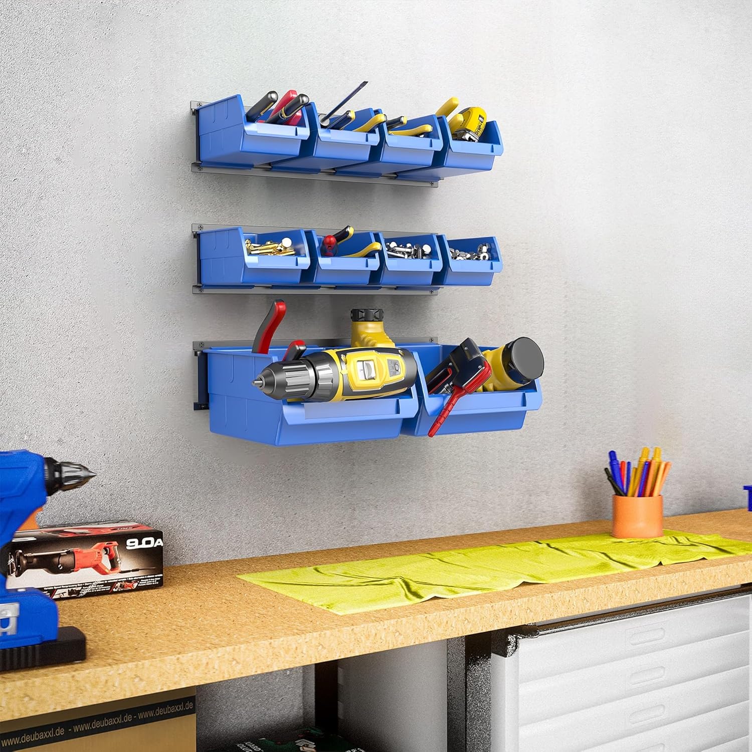 WALMANN Wall Mounted Storage Bins for Small Parts, 10 Bins with 3 Metal Rails, Plastic Wall Bins for Screws, Bolts, Nuts, Craft Room, Workshop, and Garage Storage Bins(Blue)