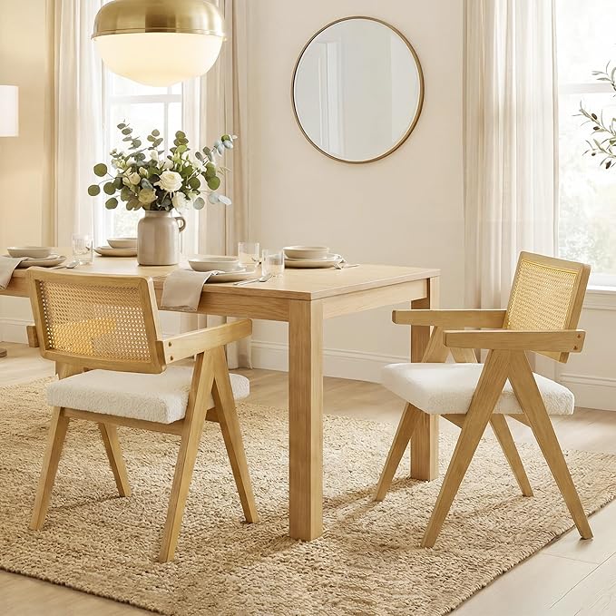 CHITA Rattan Dining Chairs Set of 2, Modern Dining Chair with 2.8inch Cushion, Rubberwood Frame Accent Chairs for Dining Room/Kitchen/Living Room, Oak