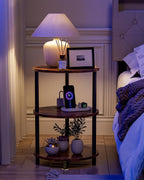Small Round Side Table - 3-Tier Oval Accent Table for Small Spaces, Rustic Wood and Metal Nightstand for Living Room or Bedroom, with Built-in USB Ports and Power Outlet, Rustic Brown