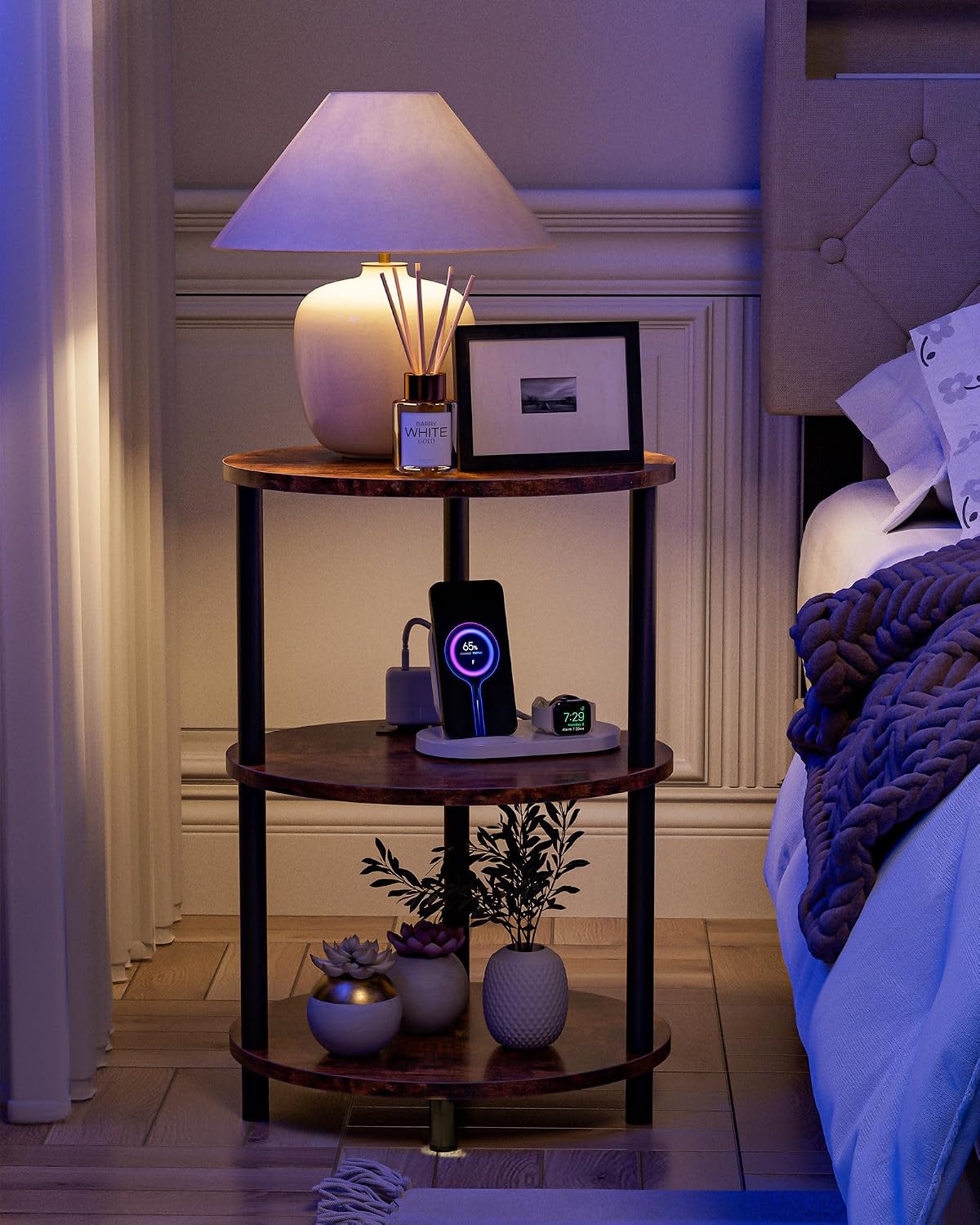 Small Round Side Table - 3-Tier Oval Accent Table for Small Spaces, Rustic Wood and Metal Nightstand for Living Room or Bedroom, with Built-in USB Ports and Power Outlet, Rustic Brown