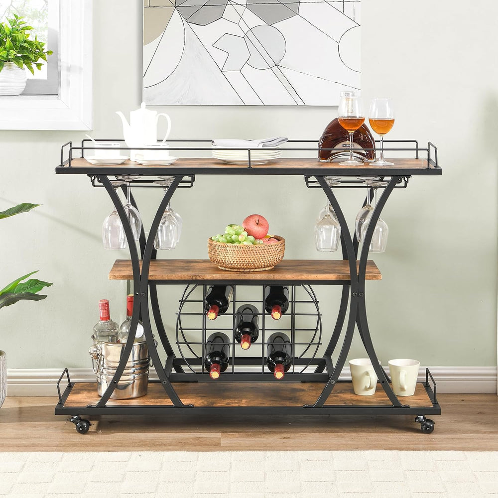 TQVAI Wooden Bar Cart with Wine Rack and Glass Holder, 3-Tier Rolling Bar Ser...