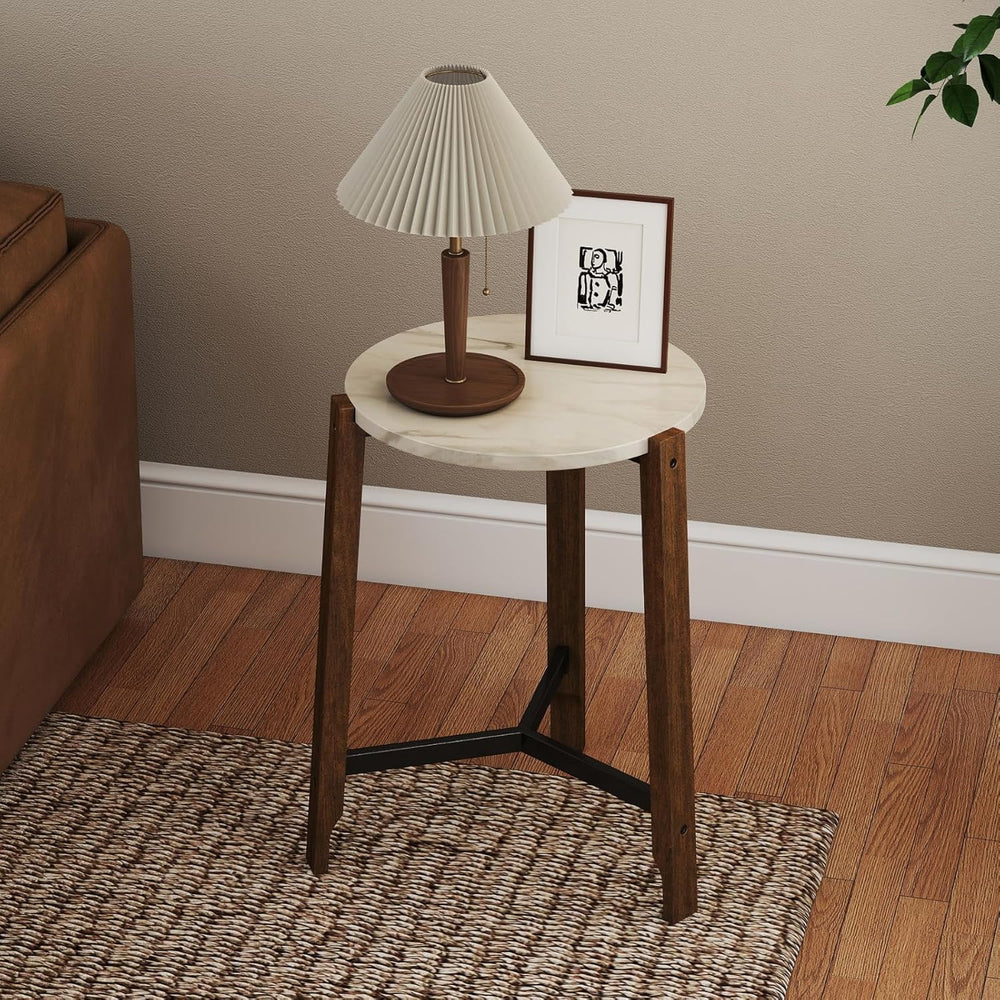 CIMOTA Round Side Table, 22.5" End Accent Table with Solid Wood Leg, Whi...