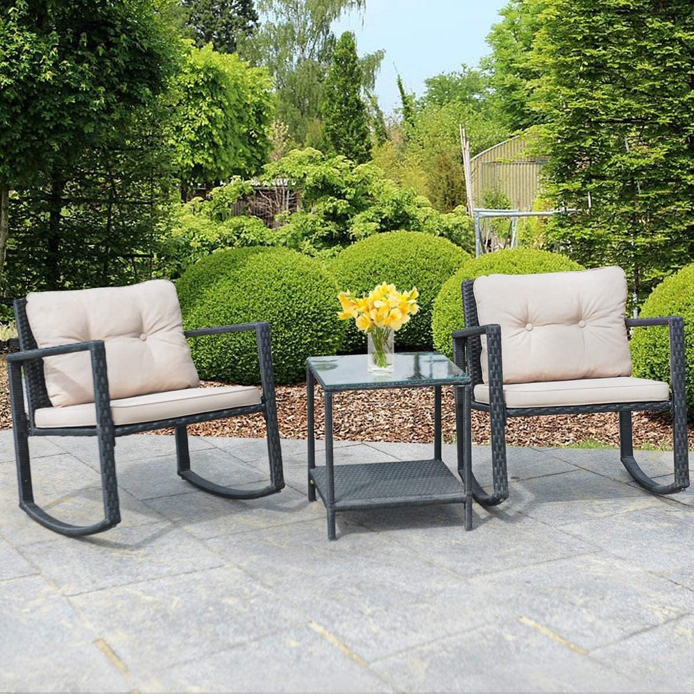 HAPPYGRILL 3-Piece Rocking Bistro Set Outdoor Patio Rocking Chairs with Coffe...
