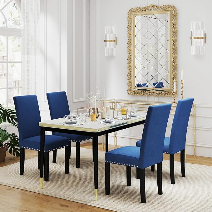 LSSPAID Dining Chairs Set of 4, Fabric Upholstered Dining Room Parson Chair with Nailhead Trim and Solid Wood Legs for Home and Kitchen, Blue