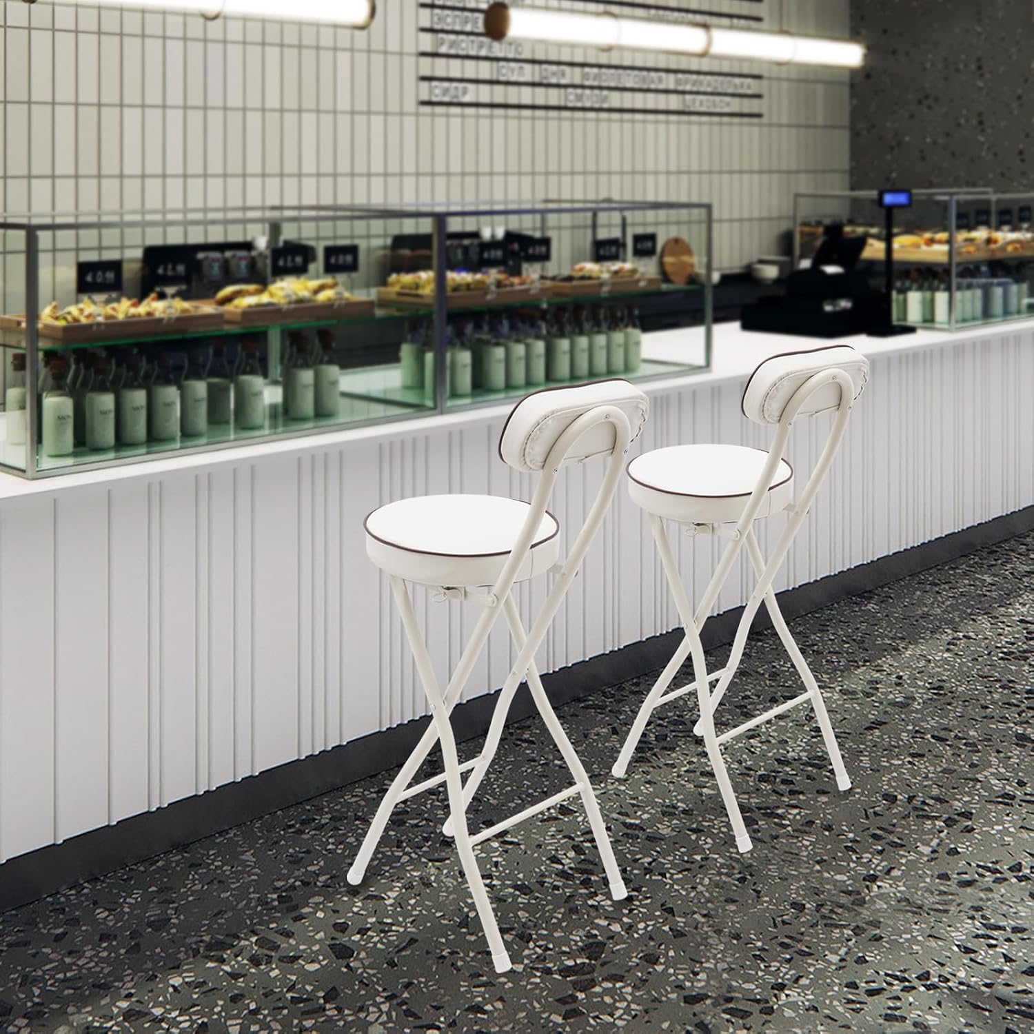 2PCS Folding Bar Stool with Backrest, Tall Foldable Stool Seat Padded Portable Stools Counter Height Foldable Stools Chairs Collapsible Stool for Adults Kitchen Island Cafe Dining Room