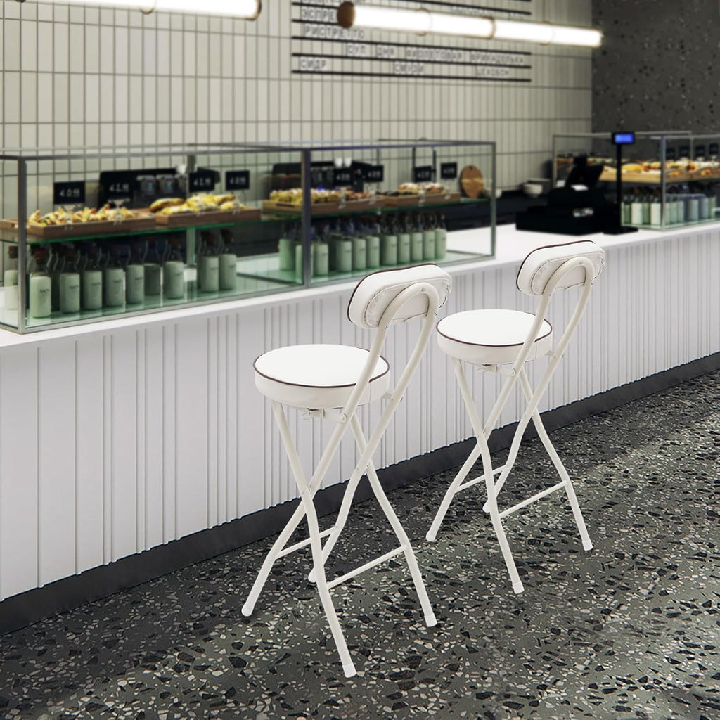 2PCS Folding Bar Stool with Back,Cushioned Padded Folding Stool,Tall Foldable Stools,Portable Bar Collapsible Stools for Kitchen Island,Restaurant,Cafe Shop (White)