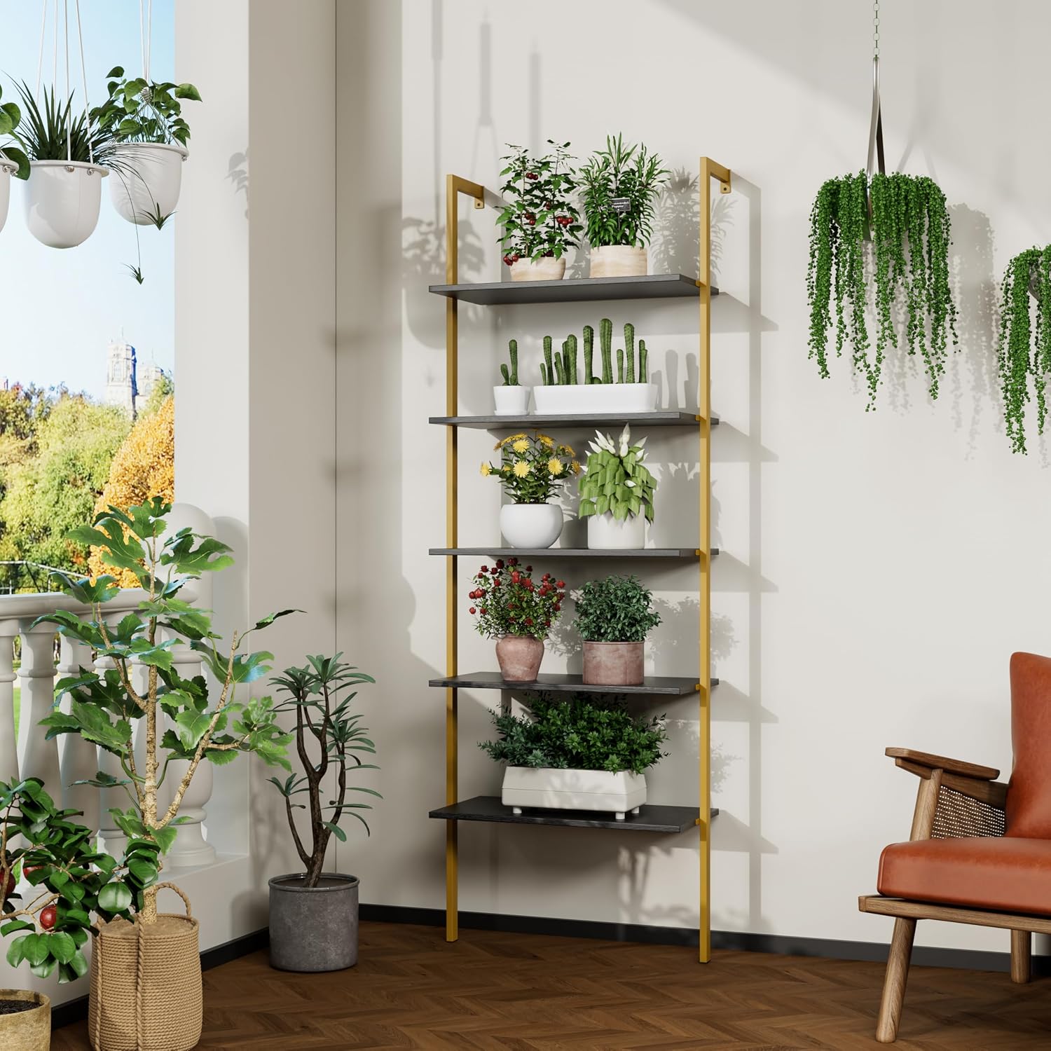 5-Tier Ladder Shelf Wall Mount, Wall Bookcase with 5 Open Shelves for Living Room Bedroom, Narrow Ladder Shelf for Small Spaces, Sturdy Metal Frame Bookshelf for Home Office and Collectors